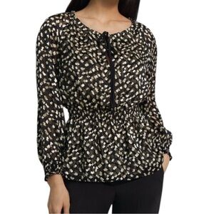 THEORY Size Small Silk Blend Black Cream Burnout Print Long Sleeve Boho Top